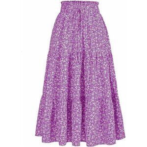 Women's High Elastic Waist Midi Skirt Purple Floral